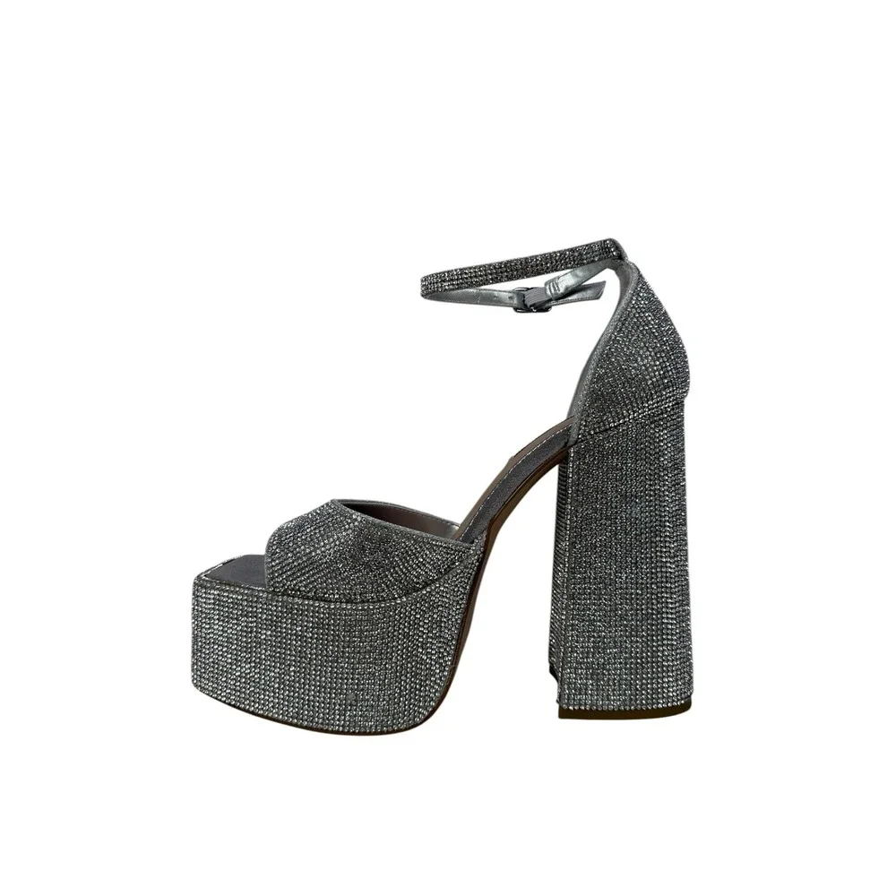 Steve Madden Kassiani Platform Sandals Womens 7‎ M Silver Rhinestone Block Heel